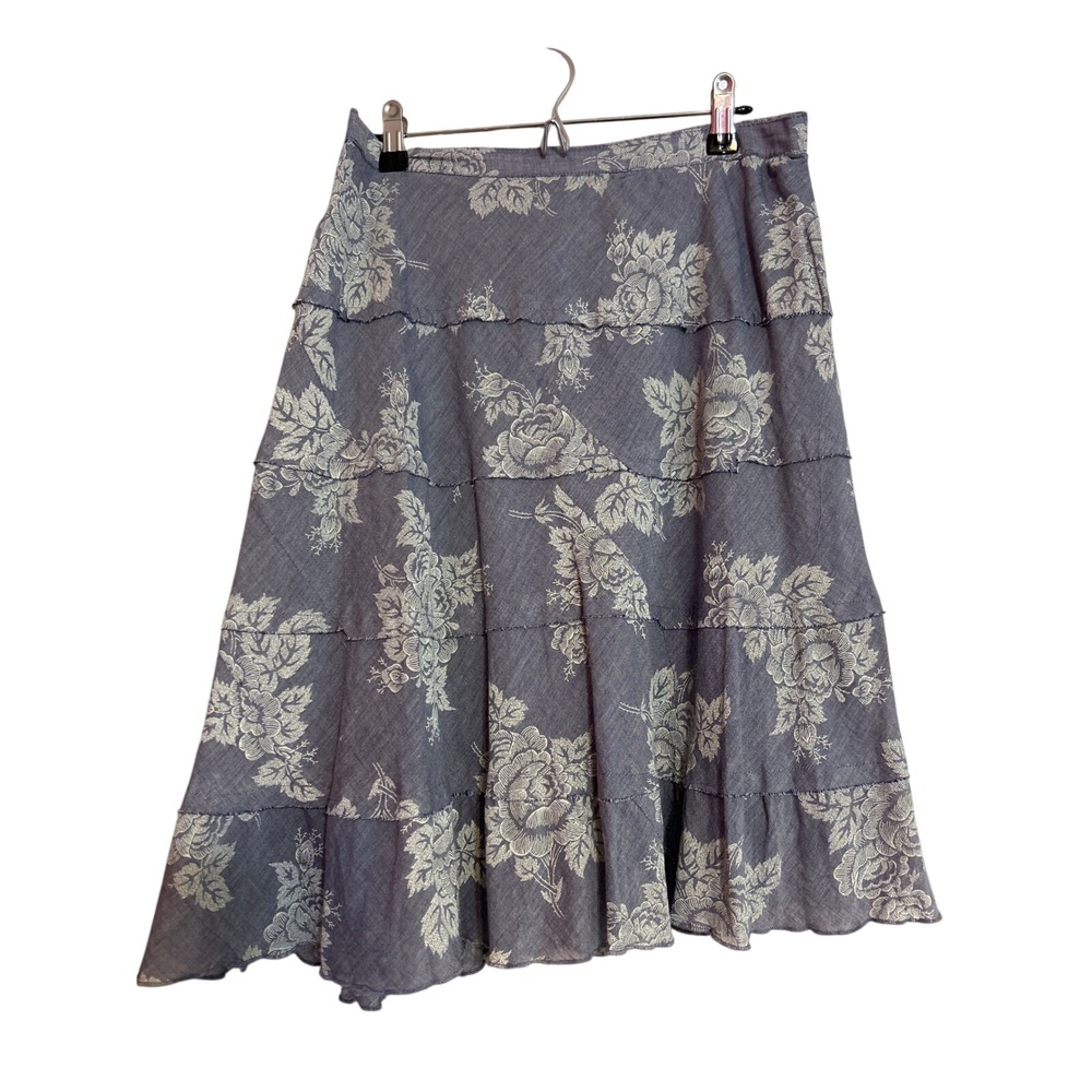 Studio West Apparel Blue Floral Tiered Cotton Midi Skirt Small Boho Cottagecore